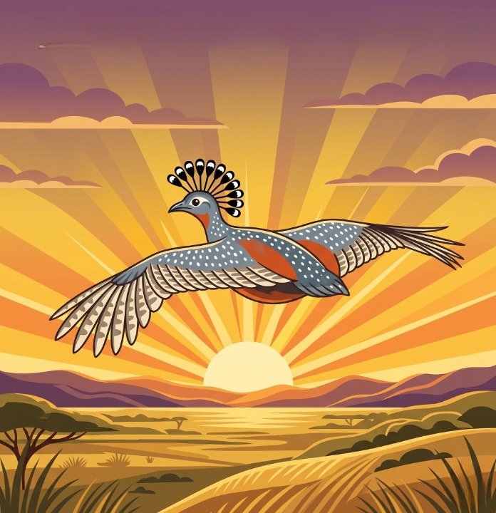 Tinamou in flight at sunset